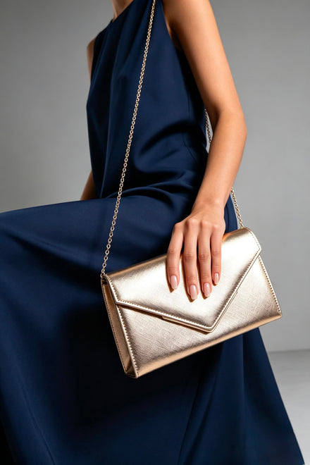 Gold Metallic Faux Leather Clutch with Detachable Chain Strap
