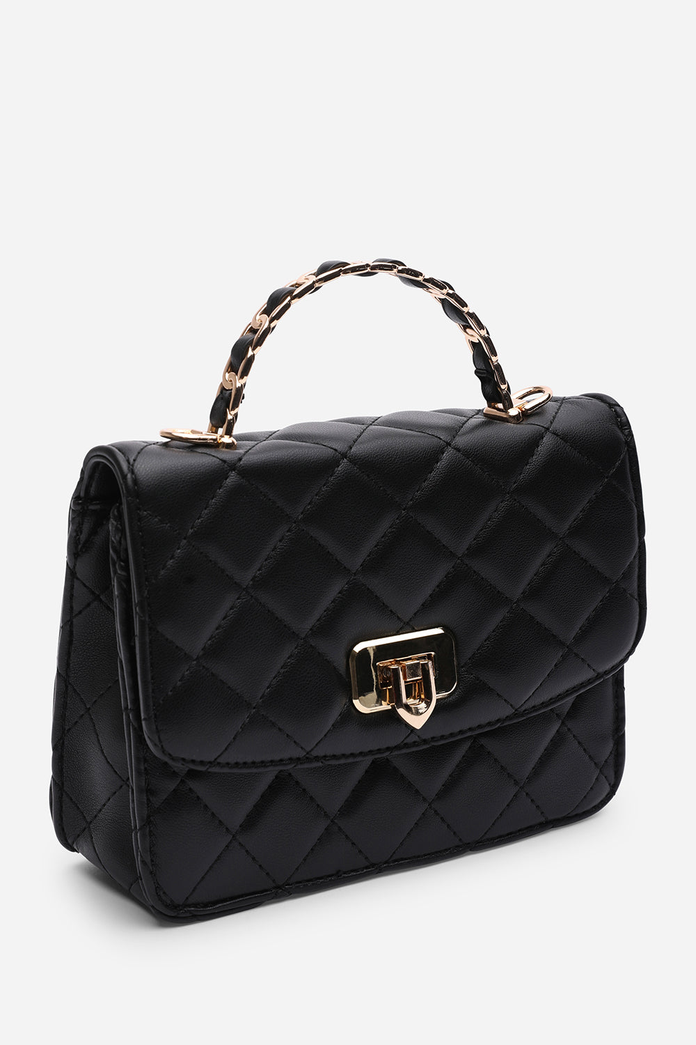 Quilted Top Handle Bag with Twist Lock in Black