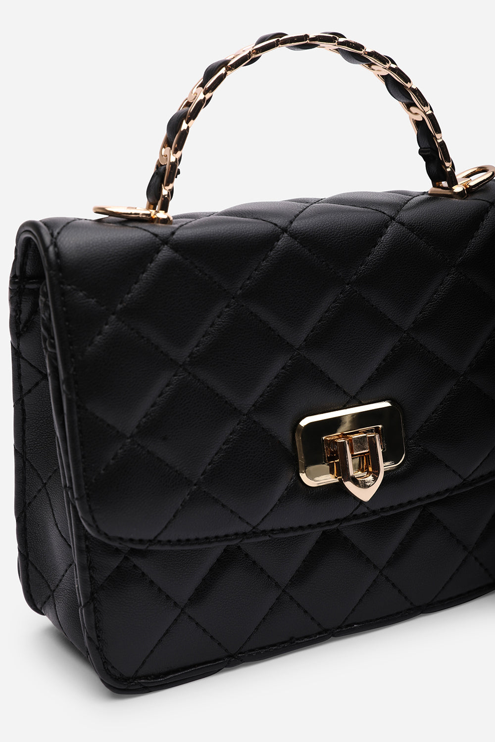 Quilted Top Handle Bag with Twist Lock in Black