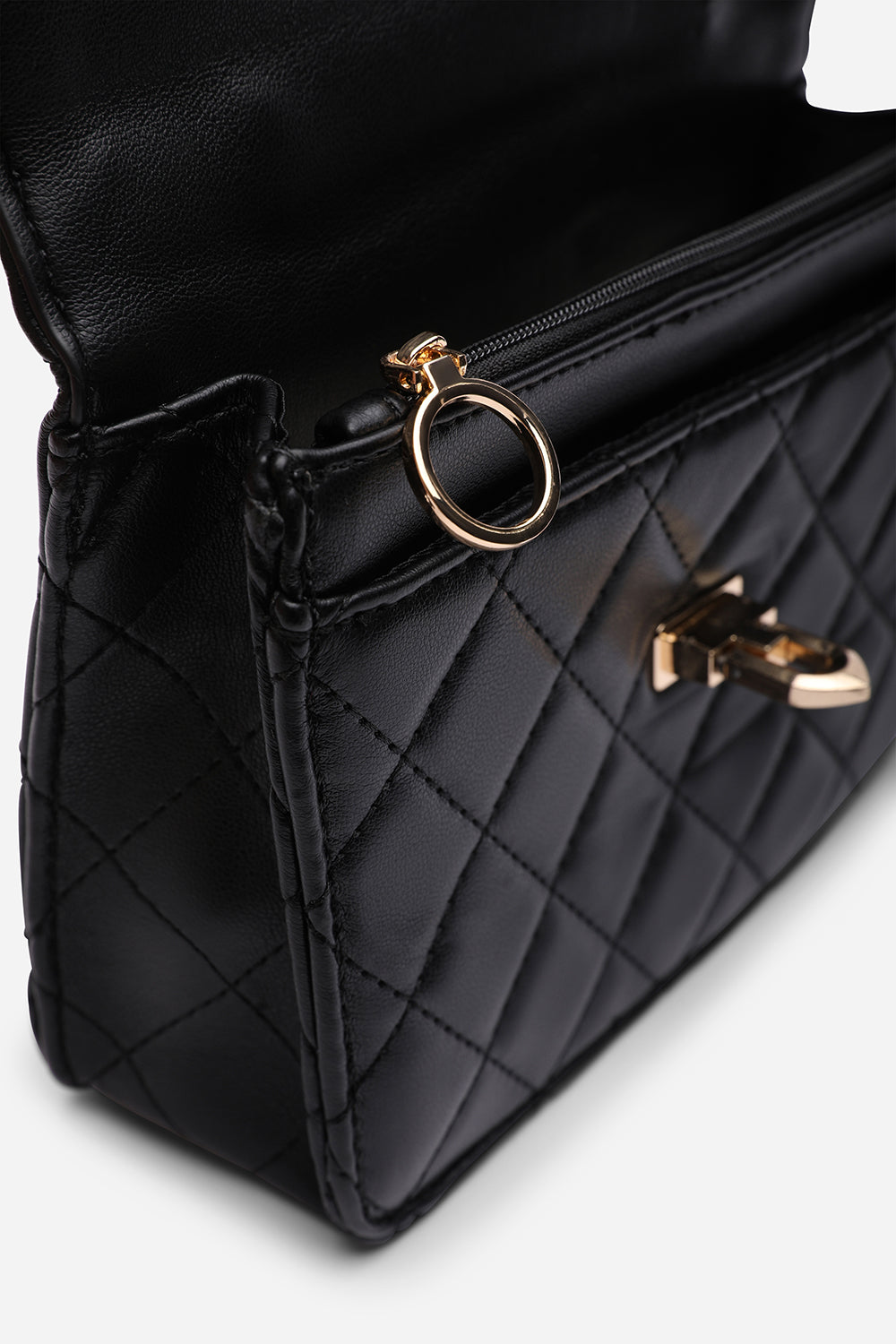 Quilted Top Handle Bag with Twist Lock in Black