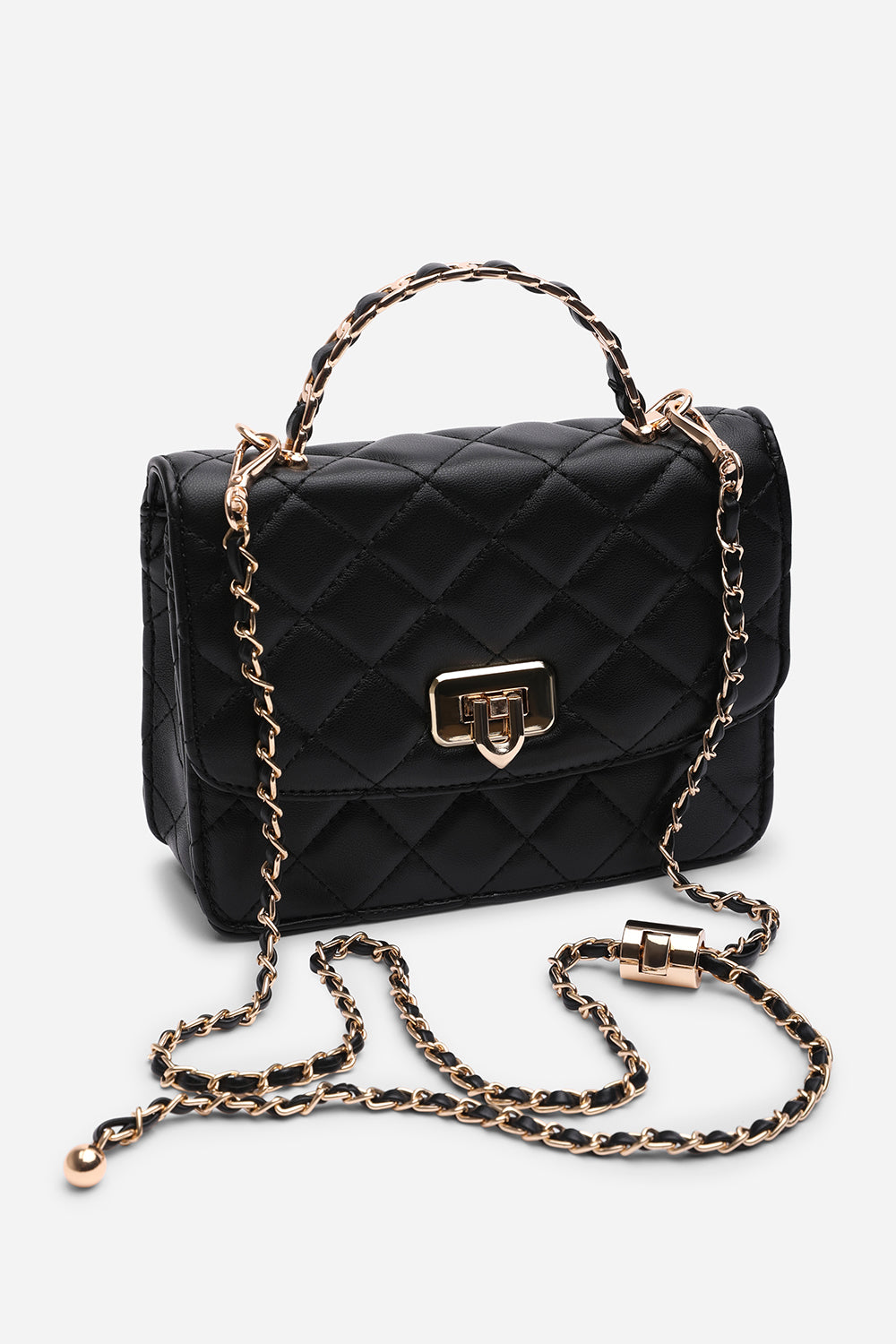Quilted Top Handle Bag with Twist Lock in Black