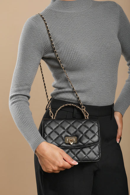 Quilted Top Handle Bag with Twist Lock in Black