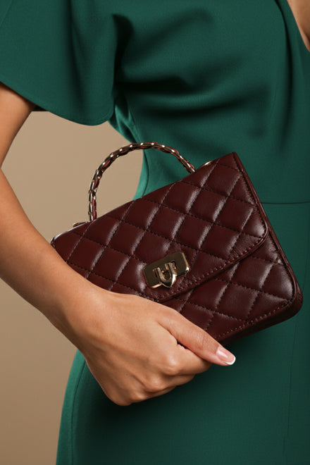 Quilted Top Handle Bag with Twist Lock in Dark Brown