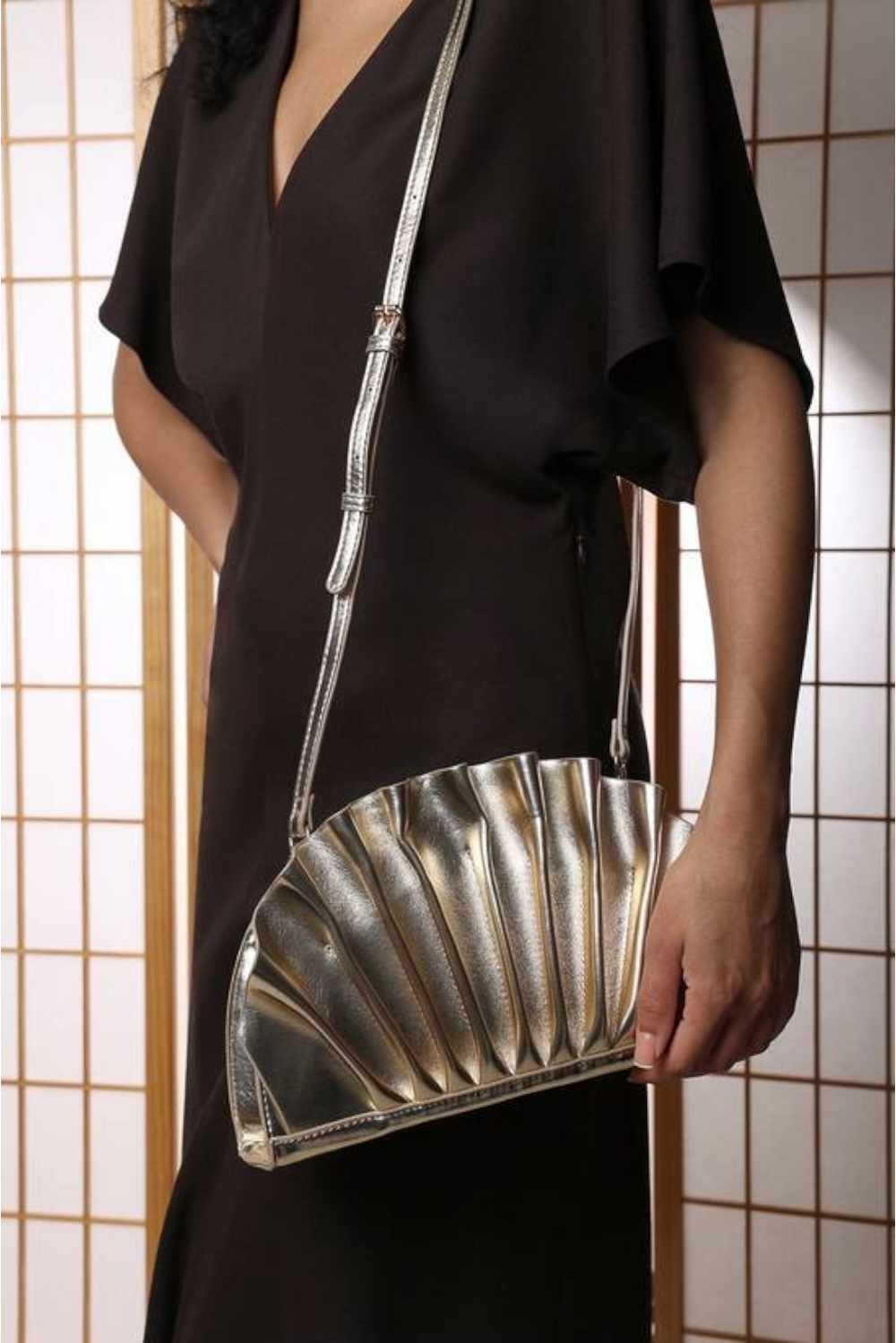 Gold Metallic Pleated Shell Clutch & Crossbody Bag