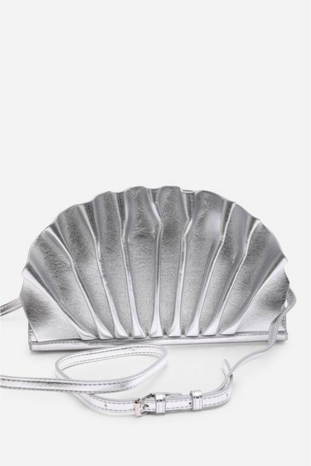 Silver Metallic Pleated Shell Clutch & Crossbody Bag