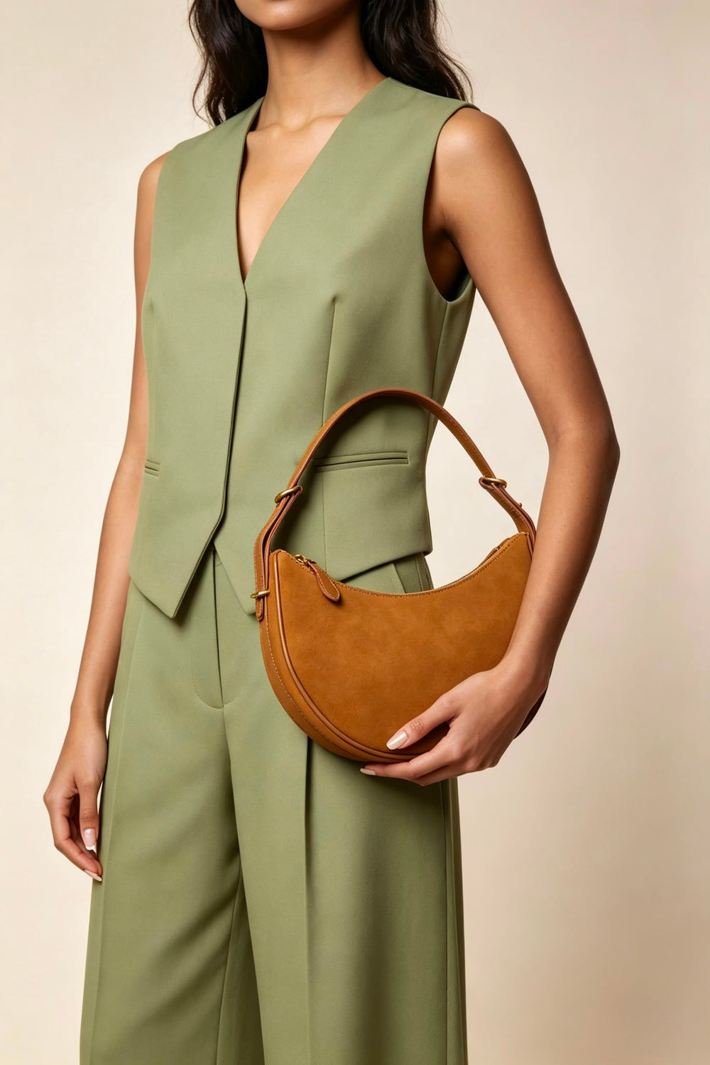 Wholesale Premium Cognac Suede Bag - Adjustable Half-Moon Shoulder & Crossbody