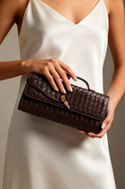 Dark Brown Faux Woven Clutch – Wholesale Top-Handle Handbag