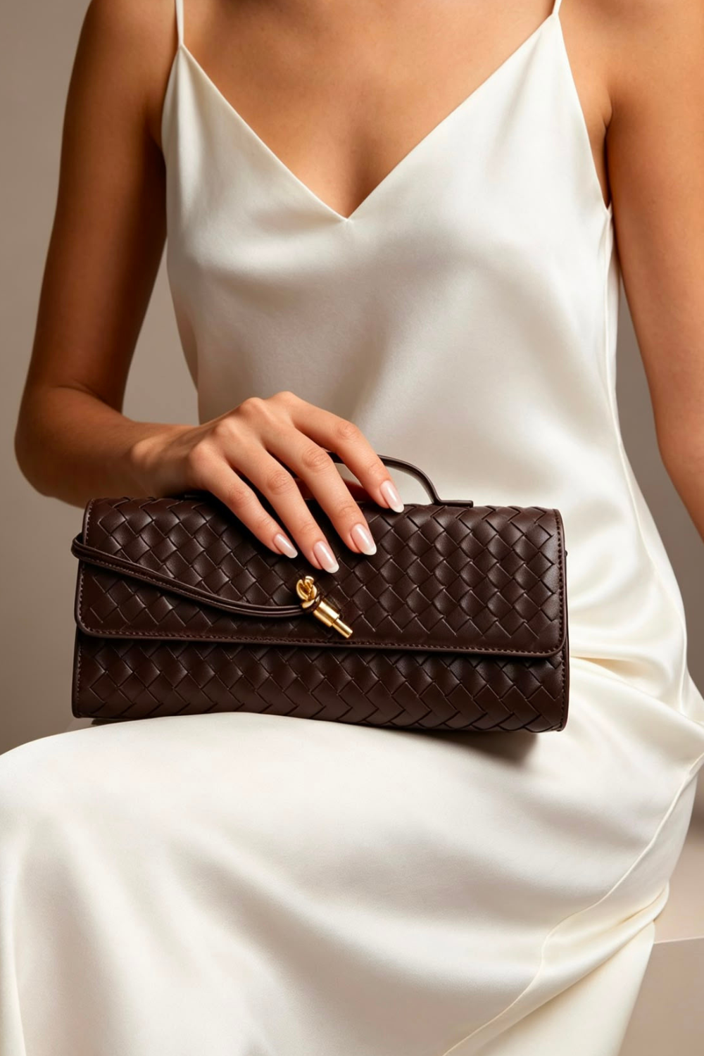 Dark Brown Faux Woven Clutch – Wholesale Top-Handle Handbag