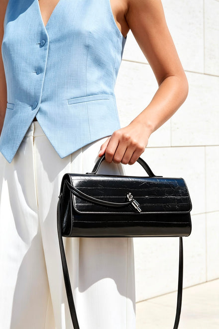 Black Textured EEL Clutch – Wholesale Top-Handle Handbag