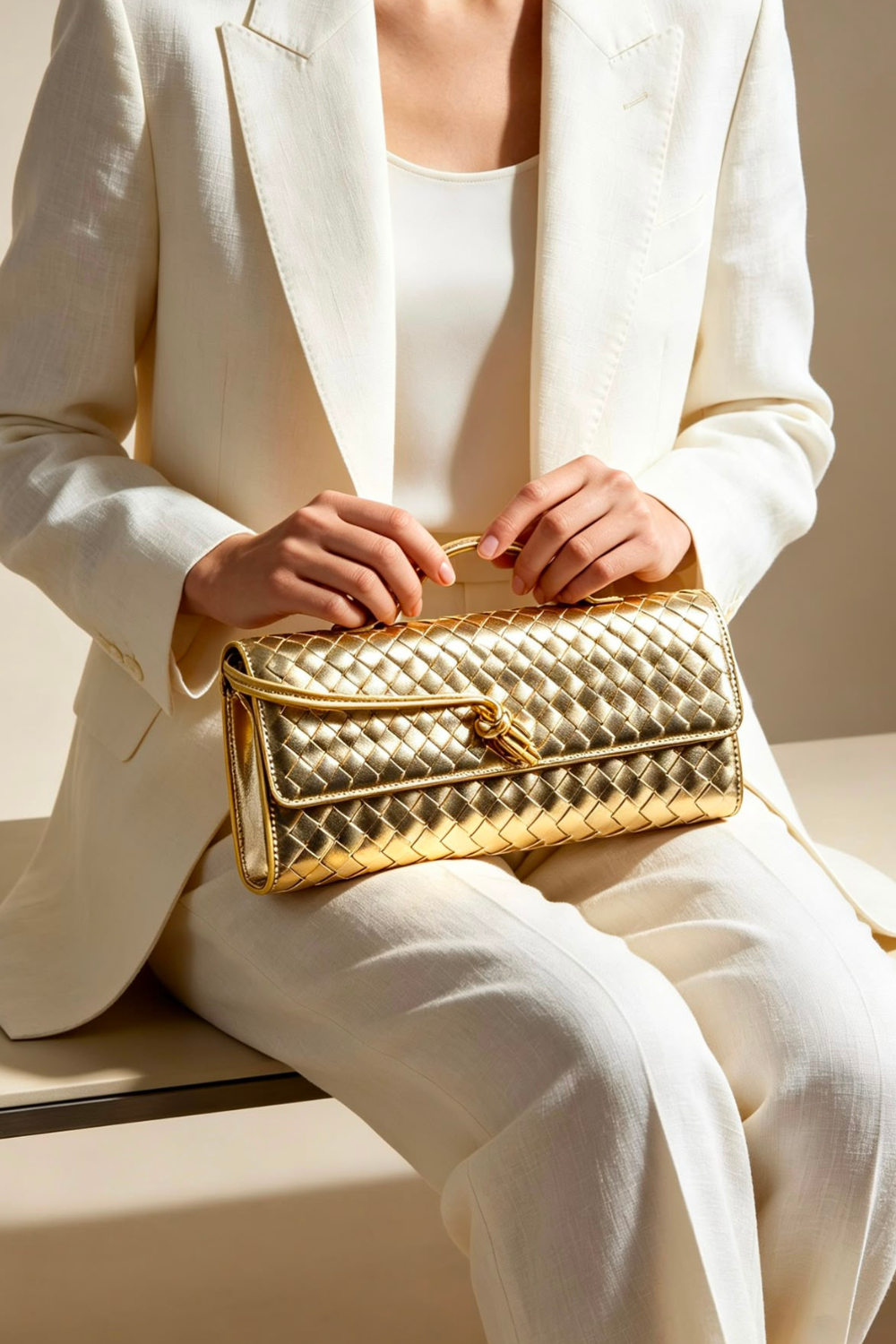 Metallic Gold Woven Clutch – Wholesale Top-Handle Handbag