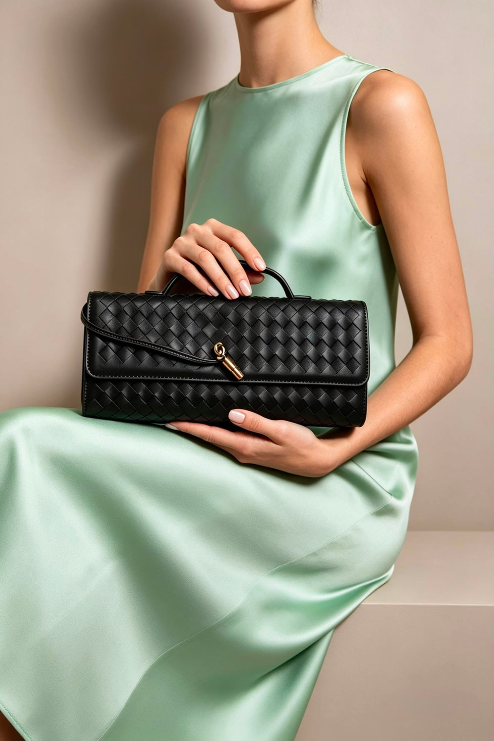 Black Faux Woven Clutch – Wholesale Top-Handle Handbag
