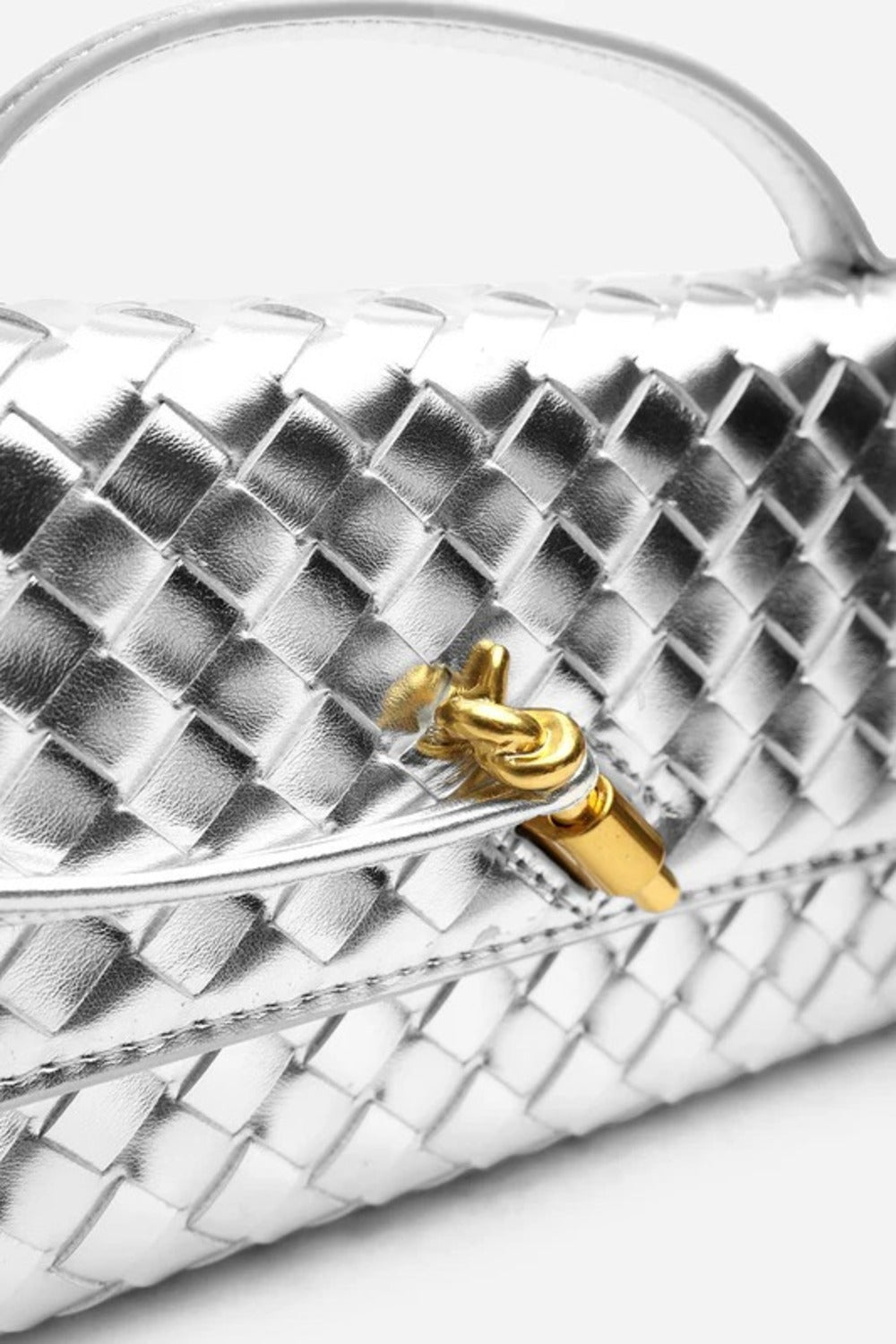 Metallic Silver Woven Clutch – Wholesale Top-Handle Handbag