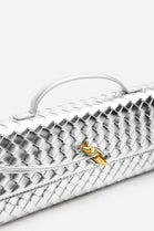 Metallic Silver Woven Clutch – Wholesale Top-Handle Handbag