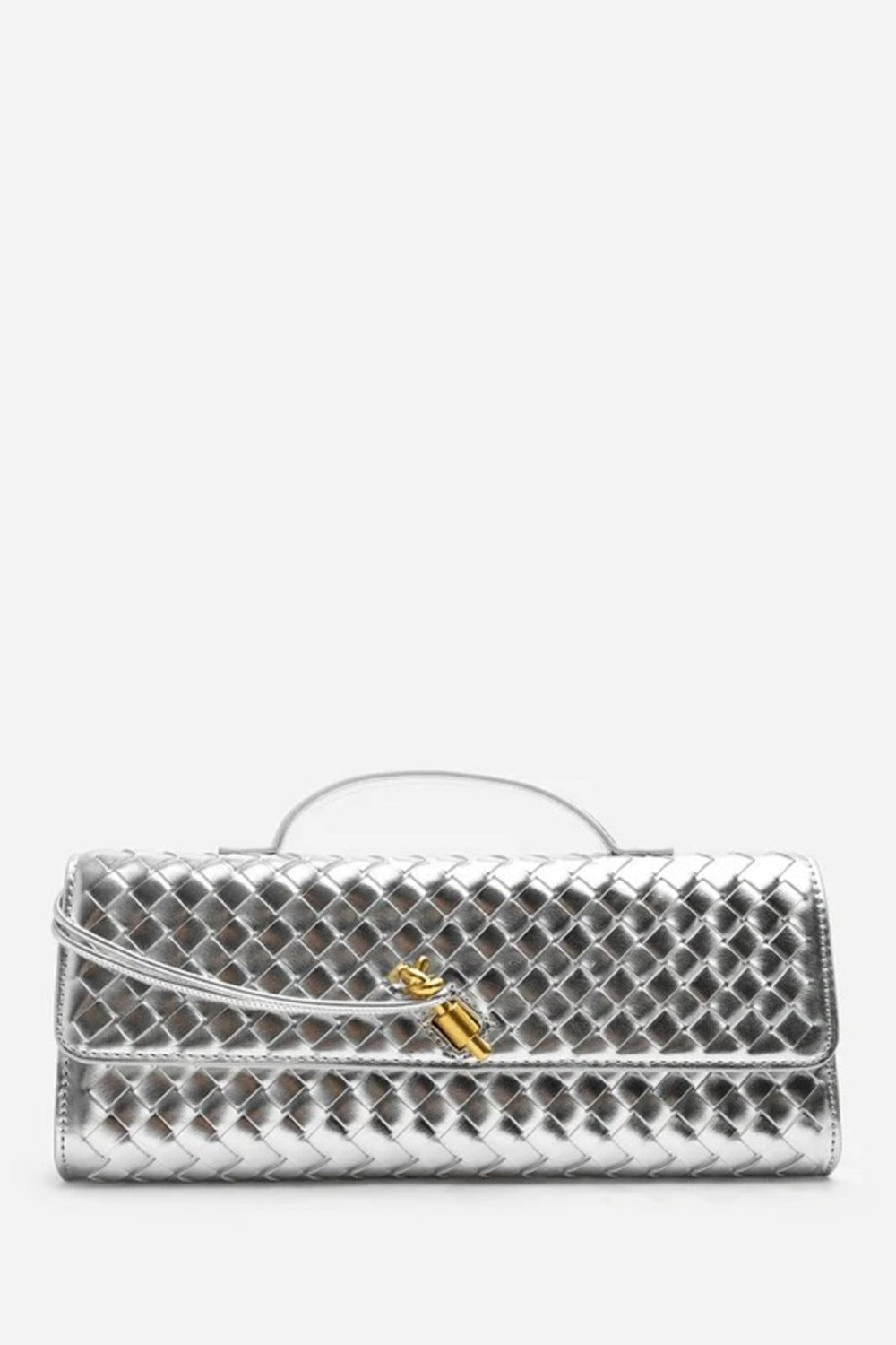 Metallic Silver Woven Clutch – Wholesale Top-Handle Handbag