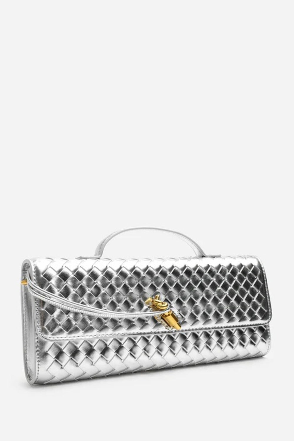 Metallic Silver Woven Clutch – Wholesale Top-Handle Handbag