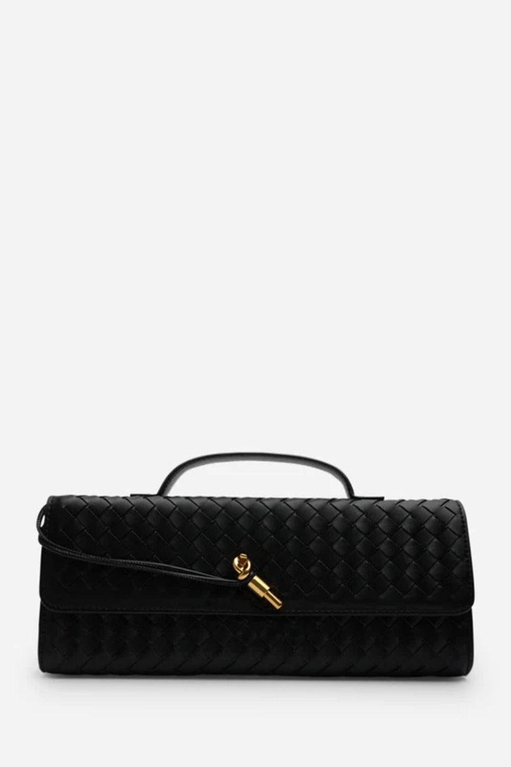 Black Faux Woven Clutch – Wholesale Top-Handle Handbag