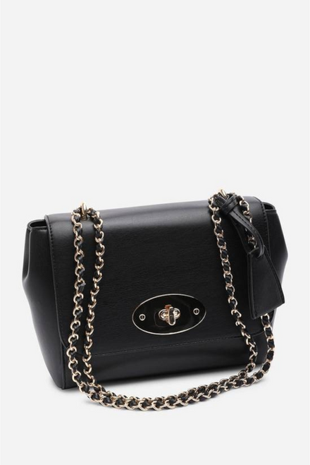 Black Faux Leather Crossbody Bag with Gold Chain Strap