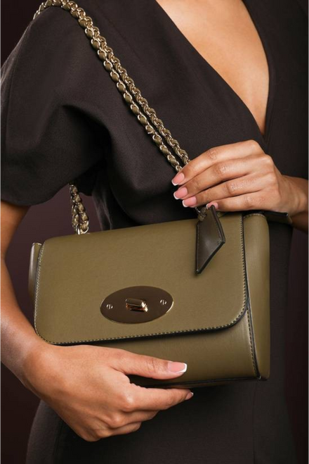 Olive Faux Leather Crossbody Bag with Gold Chain Strap