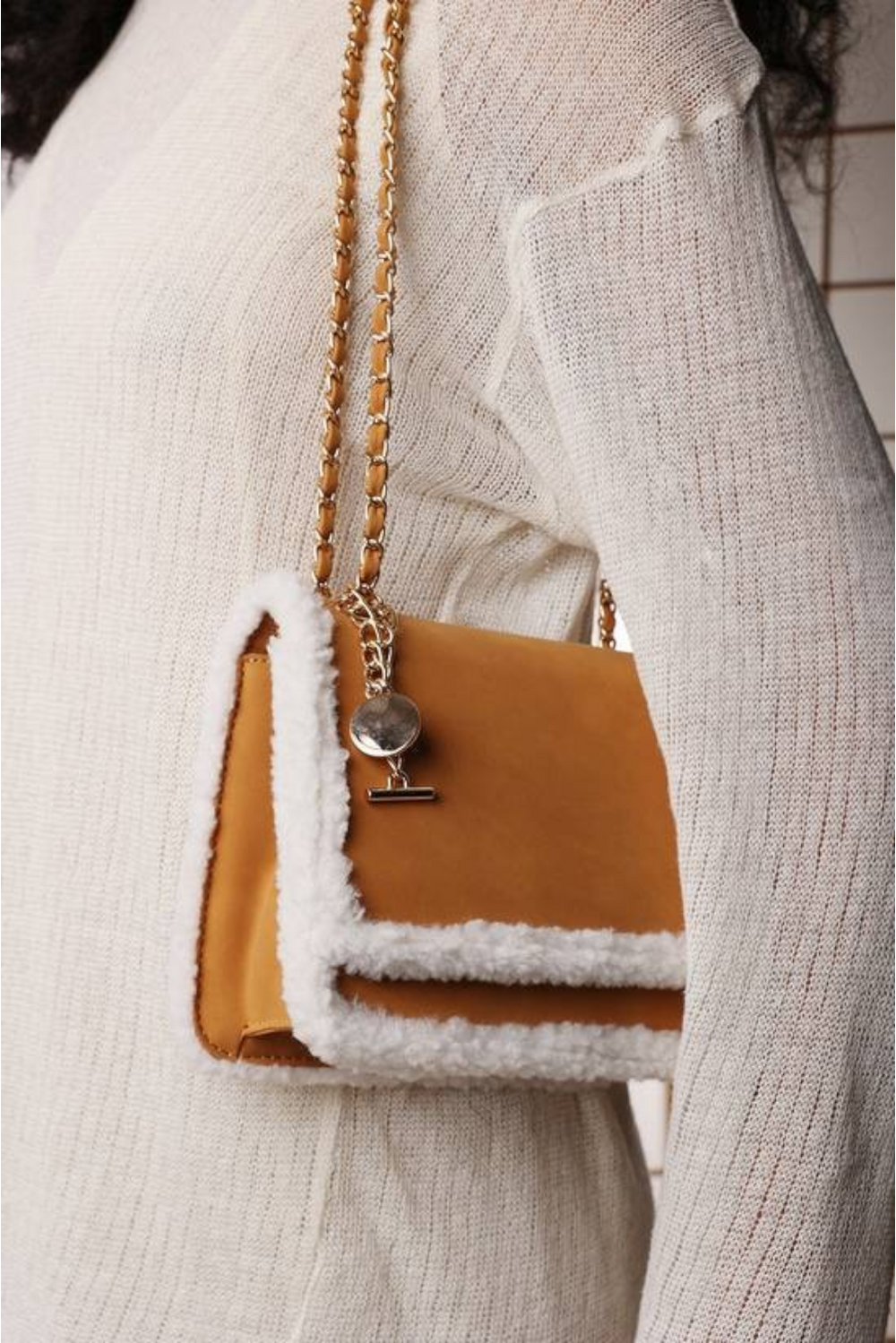 Luxury Shoulder Bag with Faux Fur Trim and Gold Chain Strap In Tan