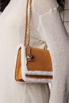 Luxury Shoulder Bag with Faux Fur Trim and Gold Chain Strap In Tan