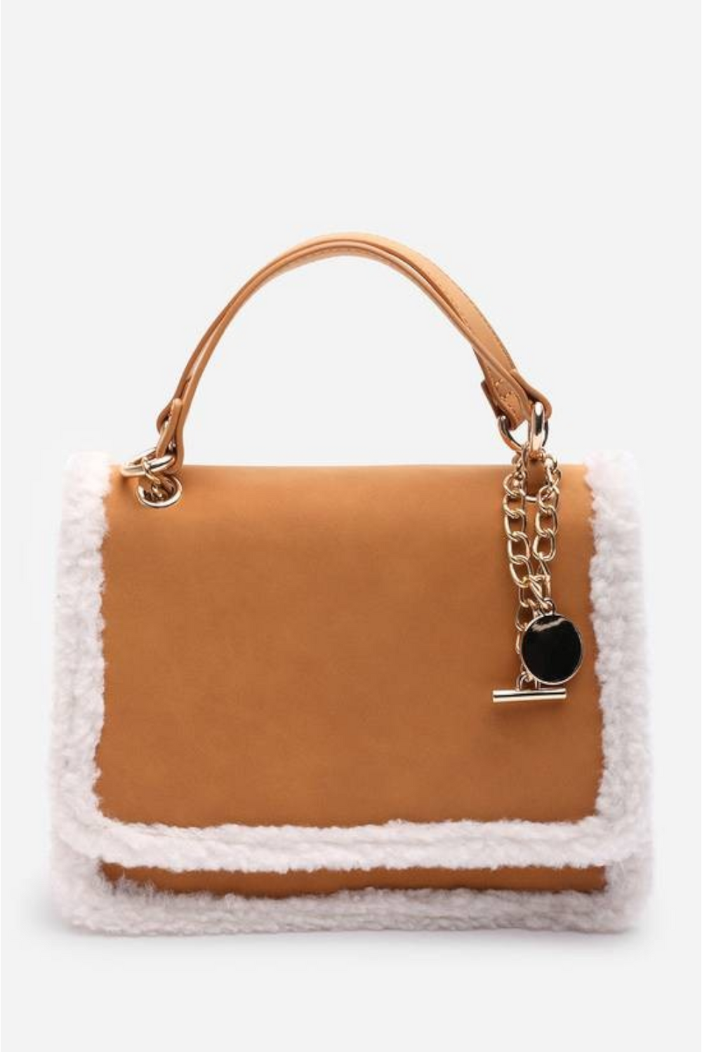 Luxury Shoulder Bag with Faux Fur Trim and Gold Chain Strap In Tan