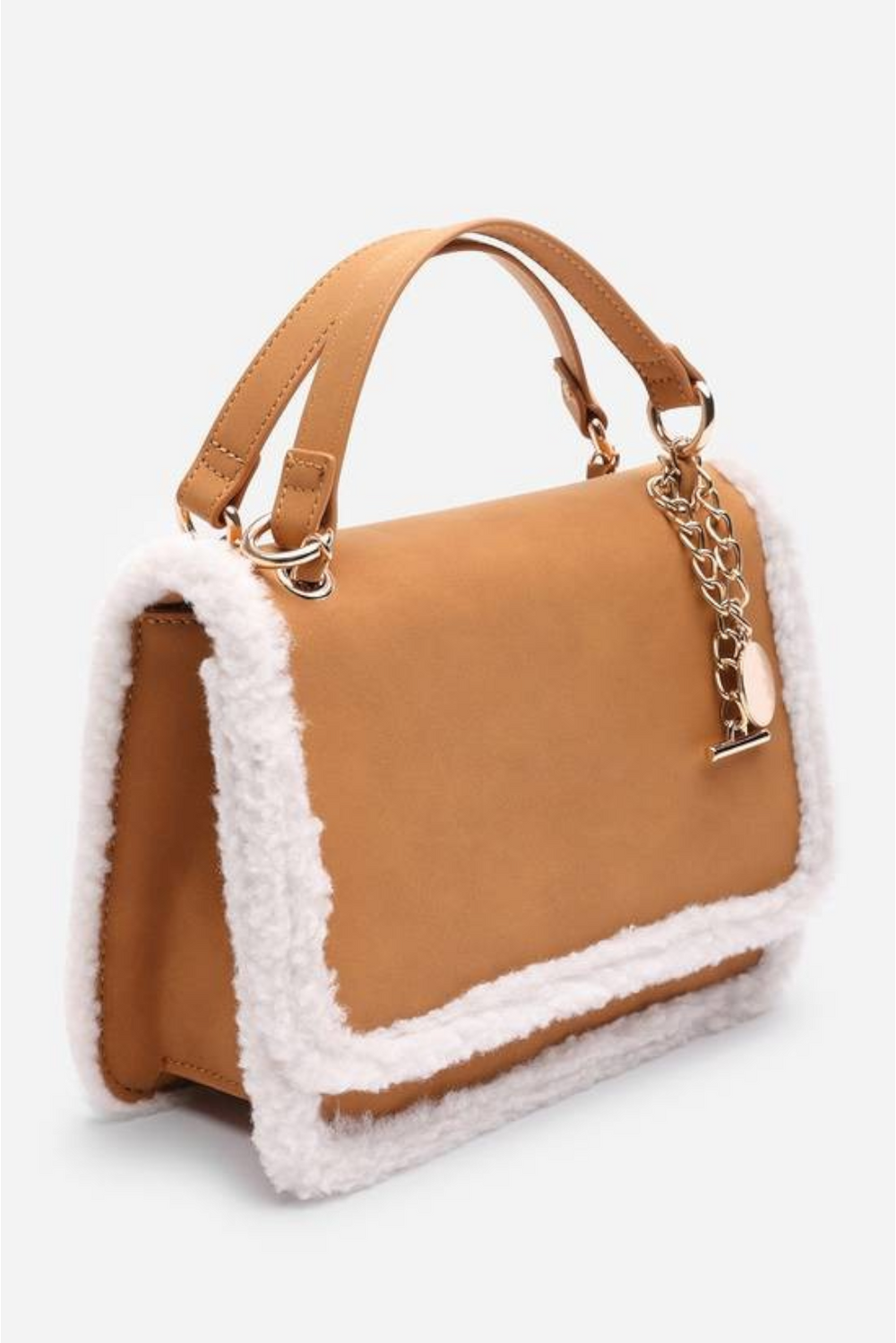 Luxury Shoulder Bag with Faux Fur Trim and Gold Chain Strap In Tan