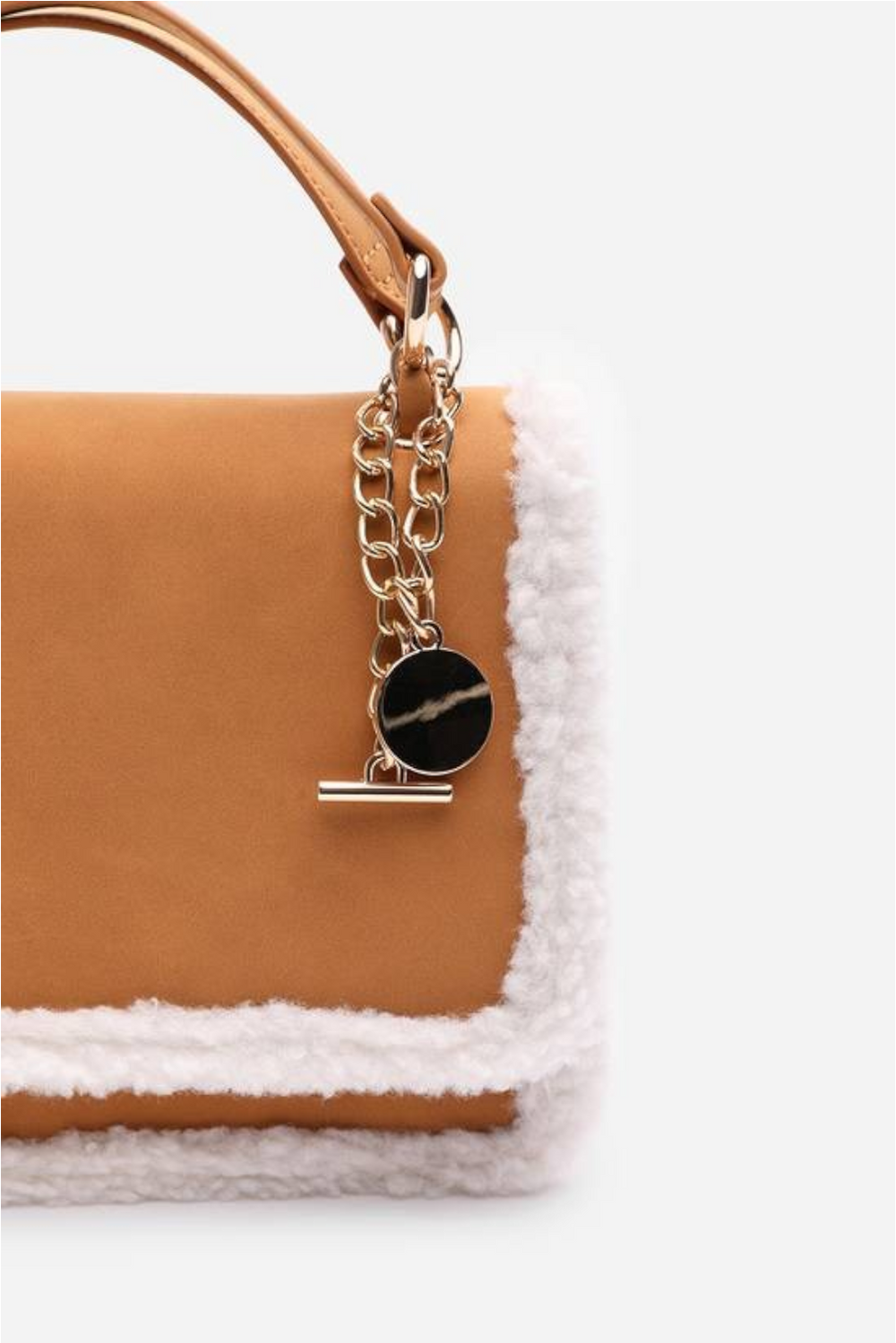 Luxury Shoulder Bag with Faux Fur Trim and Gold Chain Strap In Tan