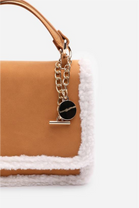 Luxury Shoulder Bag with Faux Fur Trim and Gold Chain Strap In Tan
