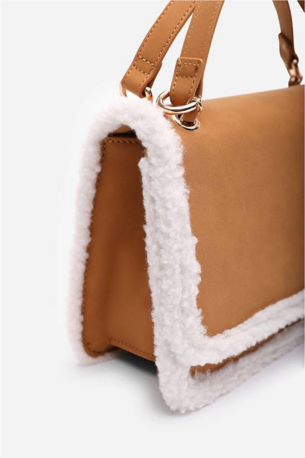 Luxury Shoulder Bag with Faux Fur Trim and Gold Chain Strap In Tan