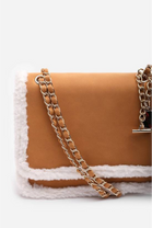 Luxury Shoulder Bag with Faux Fur Trim and Gold Chain Strap In Tan