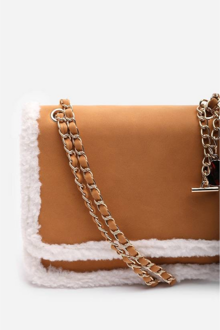 Luxury Shoulder Bag with Faux Fur Trim and Gold Chain Strap In Tan