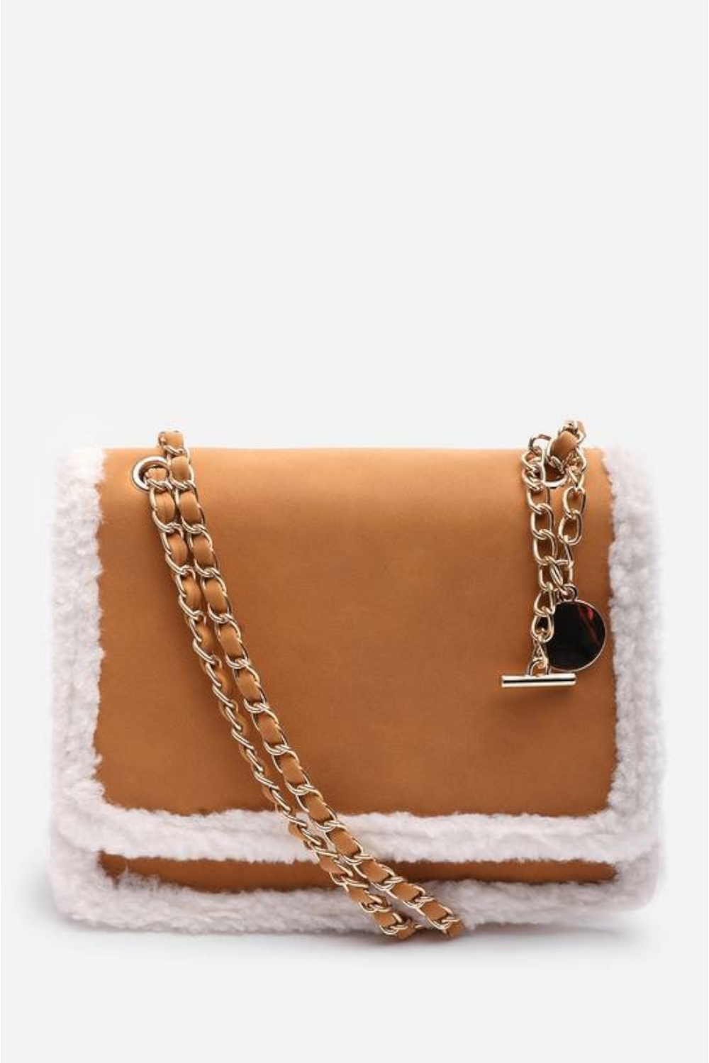 Luxury Shoulder Bag with Faux Fur Trim and Gold Chain Strap In Tan