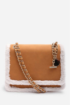 Luxury Shoulder Bag with Faux Fur Trim and Gold Chain Strap In Tan