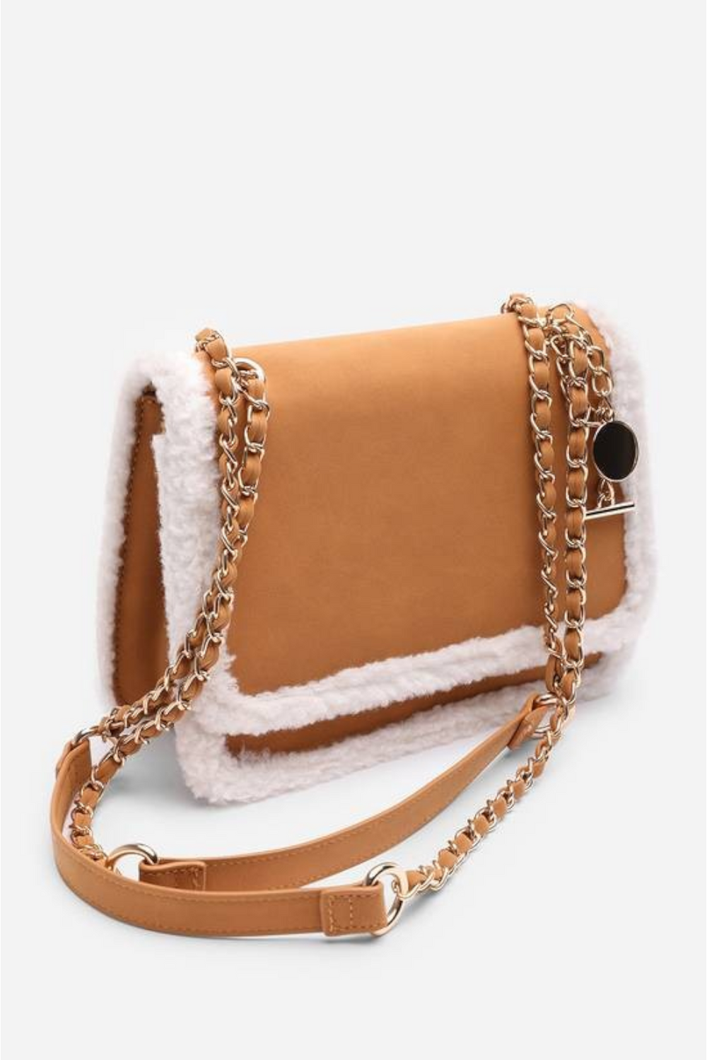 Luxury Shoulder Bag with Faux Fur Trim and Gold Chain Strap In Tan