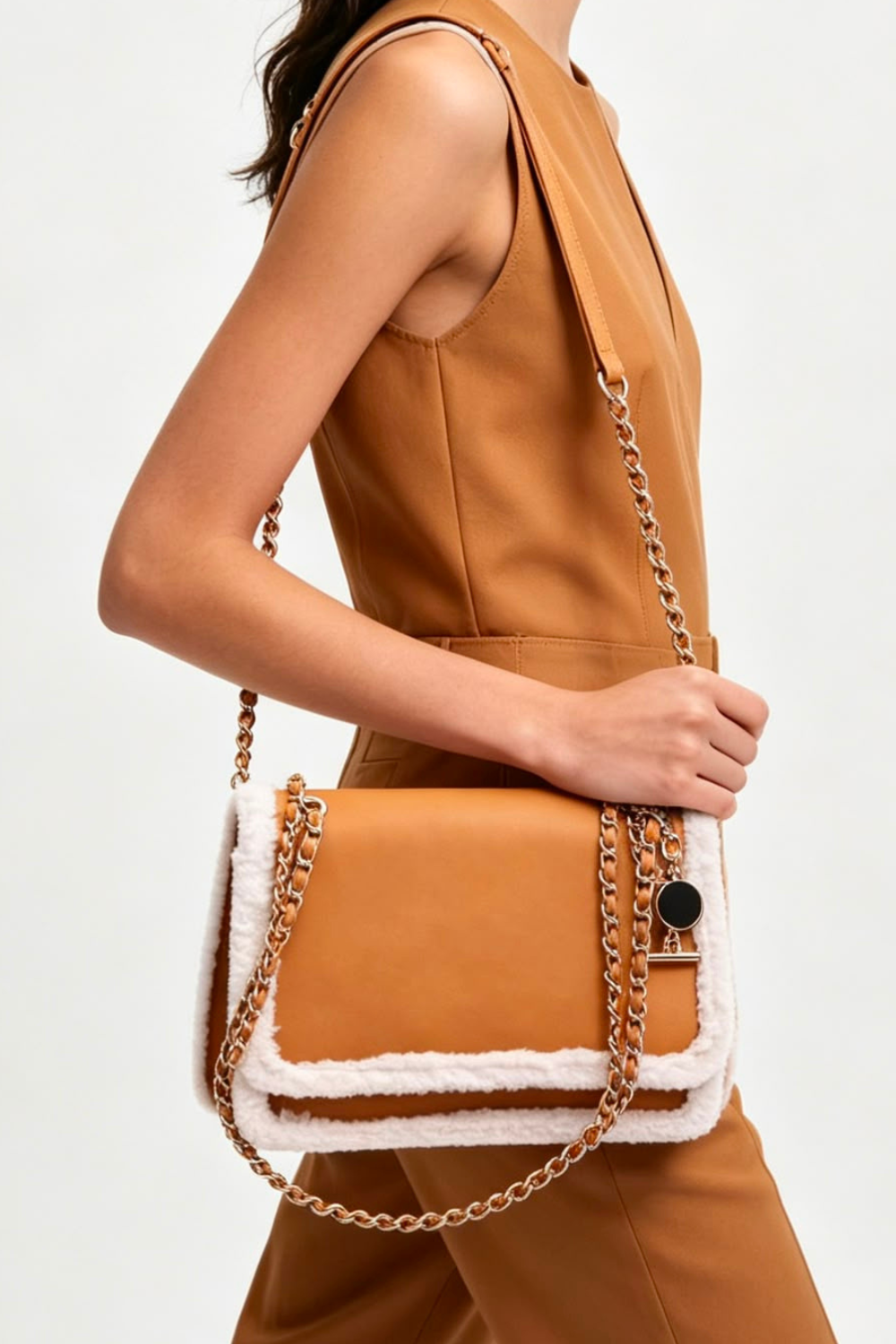 Luxury Shoulder Bag with Faux Fur Trim and Gold Chain Strap In Tan