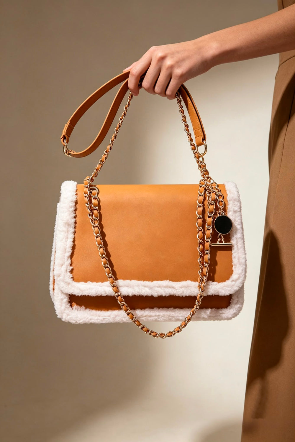 Luxury Shoulder Bag with Faux Fur Trim and Gold Chain Strap In Tan