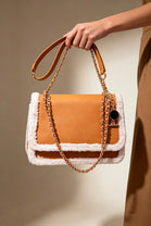 Luxury Shoulder Bag with Faux Fur Trim and Gold Chain Strap In Tan