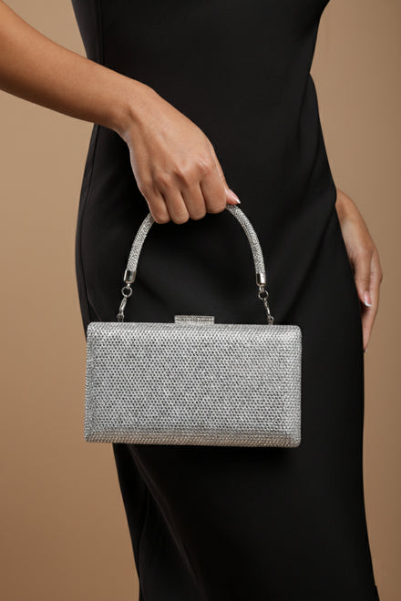 Wholesale Premium Rhinestone Hard Case Clutch Bag In Silver