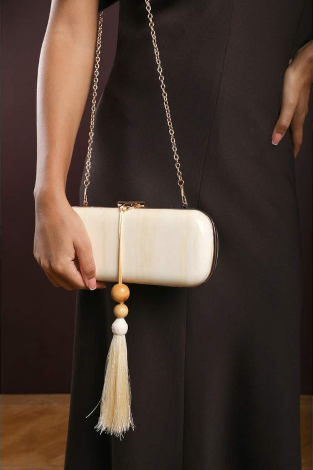 Luxury White Marbled Evening Clutch With Beaded Tassel