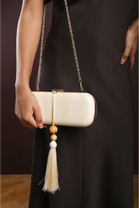 Luxury White Marbled Evening Clutch With Beaded Tassel