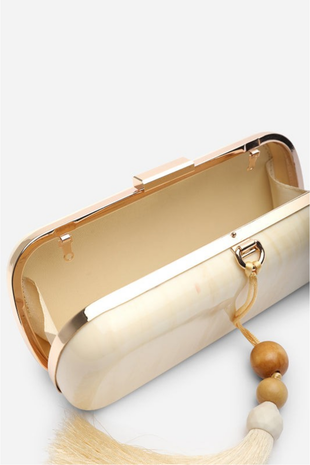 Luxury White Marbled Evening Clutch With Beaded Tassel