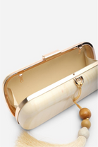 Luxury White Marbled Evening Clutch With Beaded Tassel