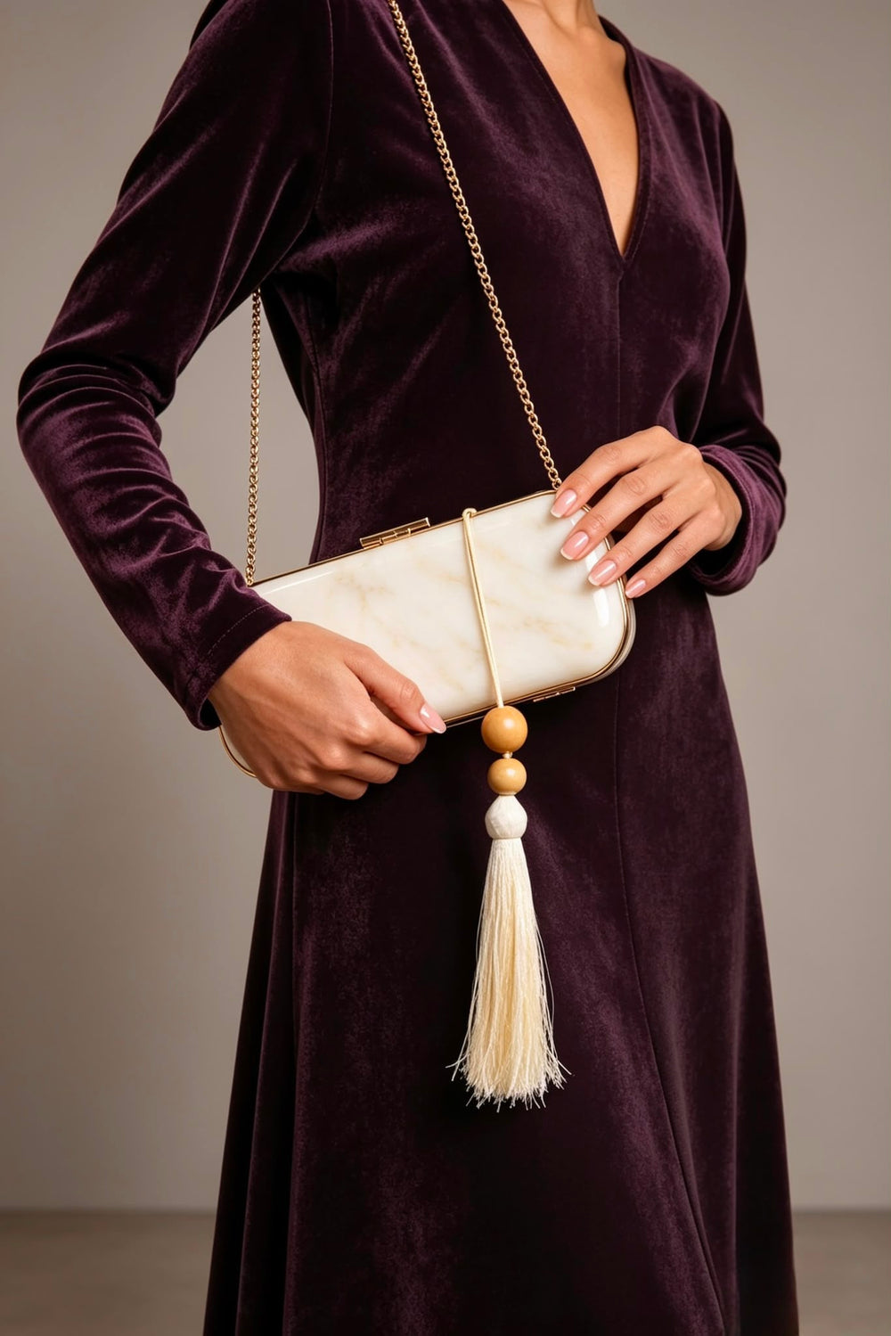 Luxury White Marbled Evening Clutch With Beaded Tassel