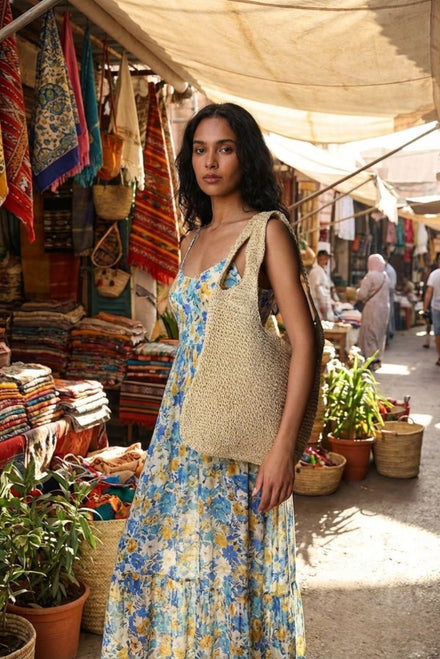 Wholesale Hand-Crocheted Lightweight Straw Tote Bag In Cream