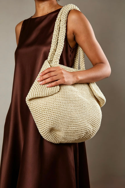 Hand-Crocheted Cream Woven Shoulder Tote – Wholesale Handbag