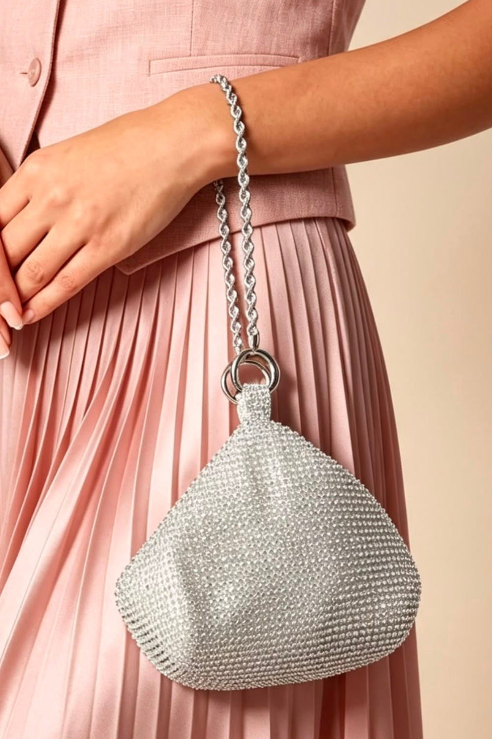 Women's Silver Rhinestone Clutch with Twisted Rope Chain