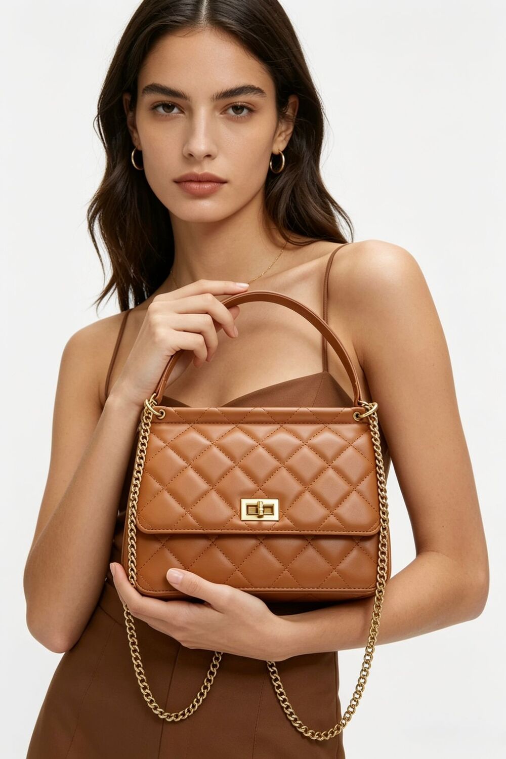 Wholesale Quilted Premium Cross Body Shoulder Bag - Tan