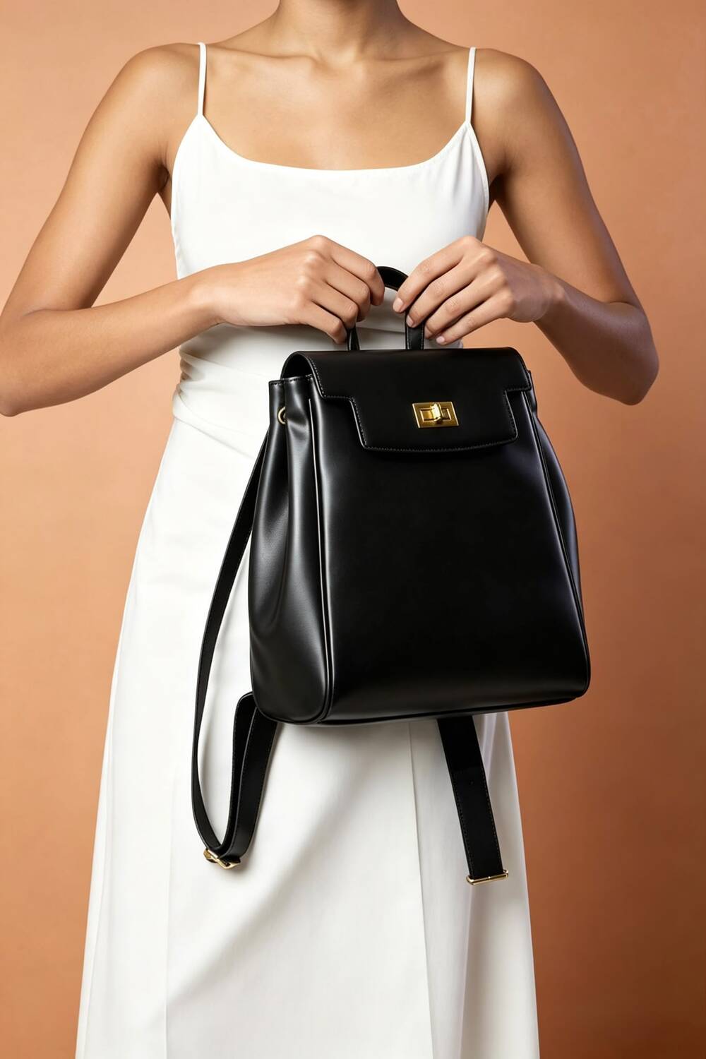 Premium Smooth Faux Leather Backpack Handbag in Black - Wholesale