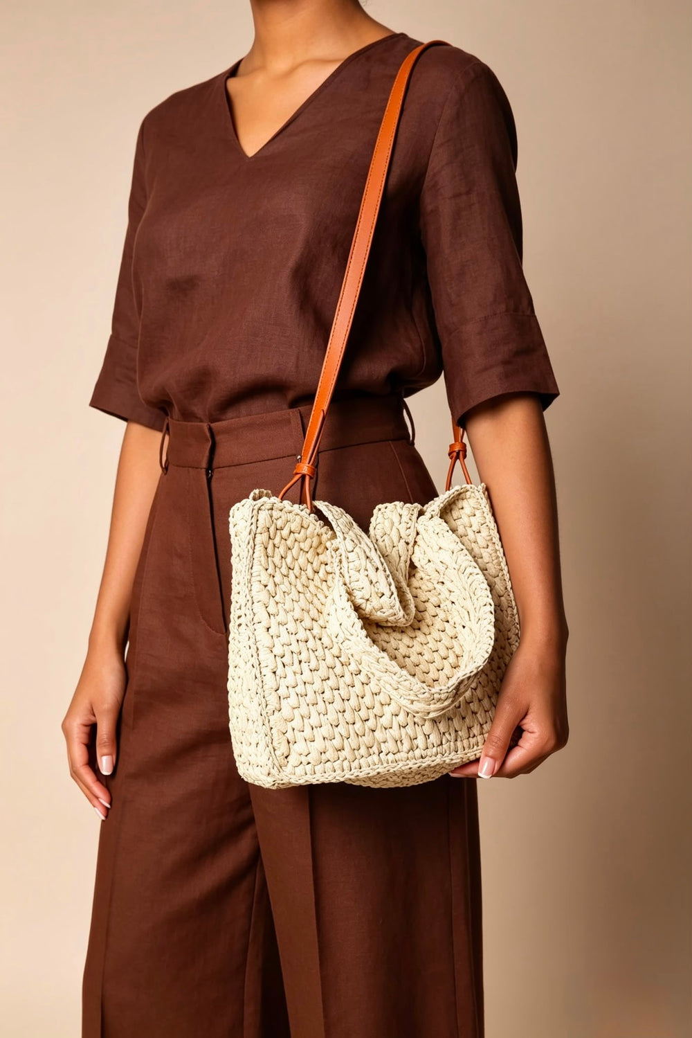 Woven Straw Tote Bag with Tan Strap – Wholesale Crossbody Bag