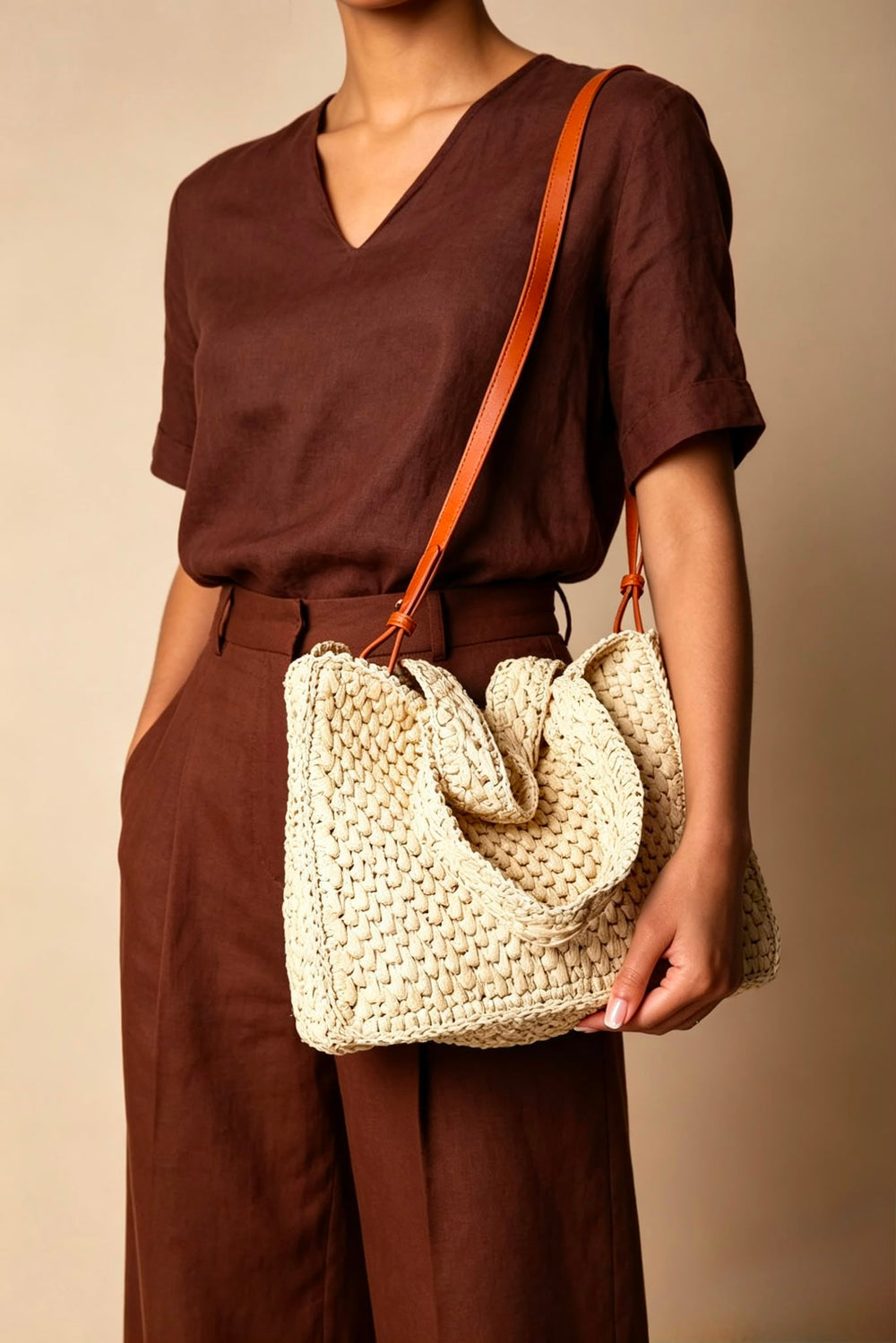 Woven Straw Tote Bag with Tan Strap – Wholesale Crossbody Bag